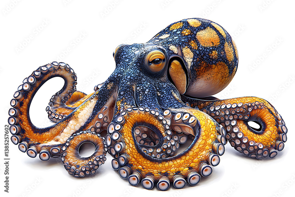 Obraz premium Vibrant octopus with blue orange and yellow coloration showcasing intricate patterns and textures of its suckers and skin.