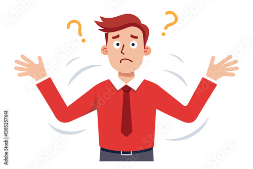 Confused Man with Raised Hands and Question Marks on White Background
