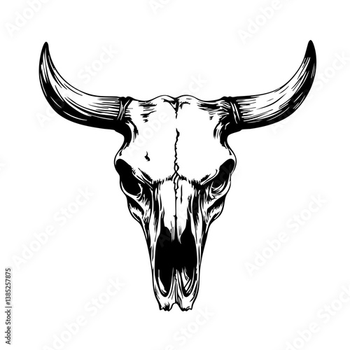 Detailed black vector design of a bull skull showcasing prominent horns and intricate bone structure for artistic use in various design projects