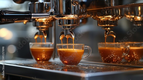 Espresso Machine Brewing Aromatic Coffee: Three Cups of Rich, Dark Espresso Being Prepared by a Professional Espresso Machine