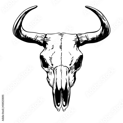 Stylized black vector representation of a bull skull featuring intricate details and sharp horns, ideal for various graphic designs or artistic projects