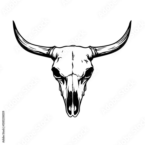 Bull skull design featuring prominent horns and intricate details, embodying strength and resilience in minimalistic black vector art style
