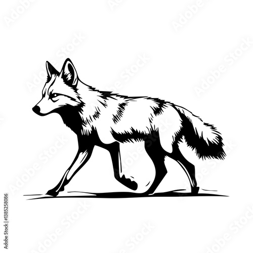 Elegant black vector illustration of a fox walking gracefully through a natural setting during the day