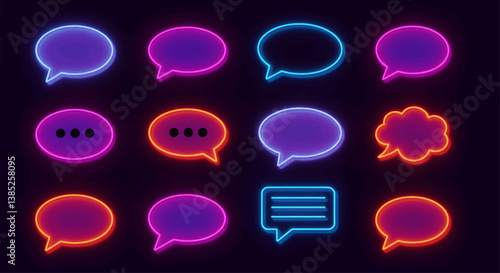 A grid of twelve speech bubbles, presented in a vibrant, neon-like style with highly saturated shades of pink, purple, blue, orange, and yellow. Vector Illustration