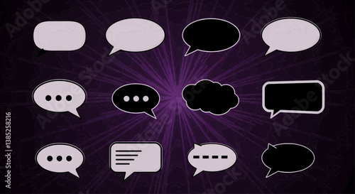 A grid of twelve speech bubbles, rendered in a smooth, high-contrast style with a dramatic and vibrant aesthetic. The background is dark purple, with lines of light radiating outward. Vector 