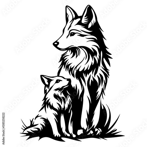 Mother and baby foxes illustrated as black vectors showcasing the bond between them, emphasizing nature and wildlife themes