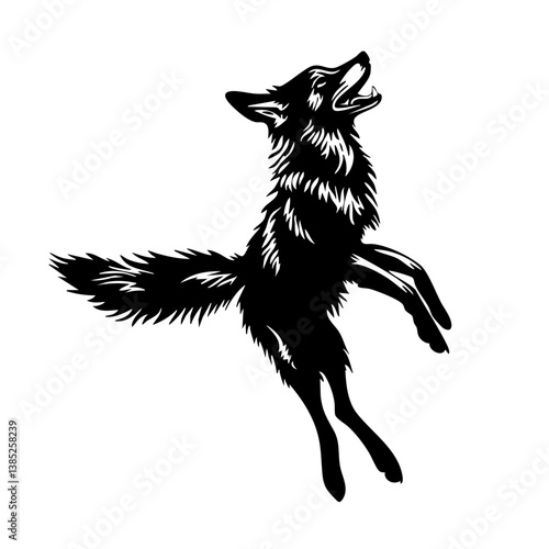 Dynamic black vector illustration of a leaping fox showcasing agility and energy in mid-air, emphasizing its sleek form and lively movement