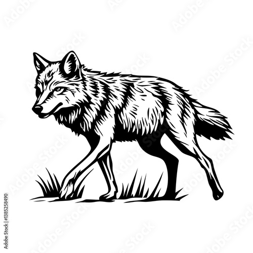 Detailed black vector design of a wolf walking across grass showcasing natural grace and wild beauty in a stylized form