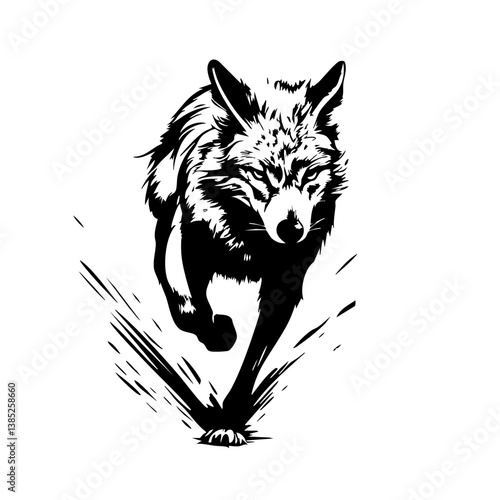 Running wolf design featuring a black vector representation of a wolf in motion capturing agility and strength