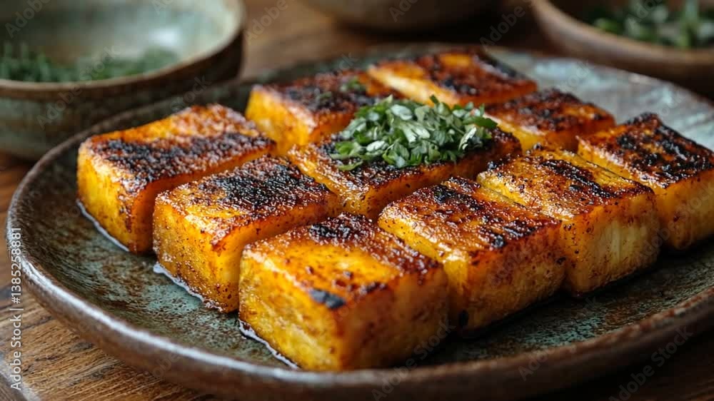 Crispy pan-fried tofu squares on a plate, delicious dish Crispy pan-fried tofu squares on a plate, delicious dish