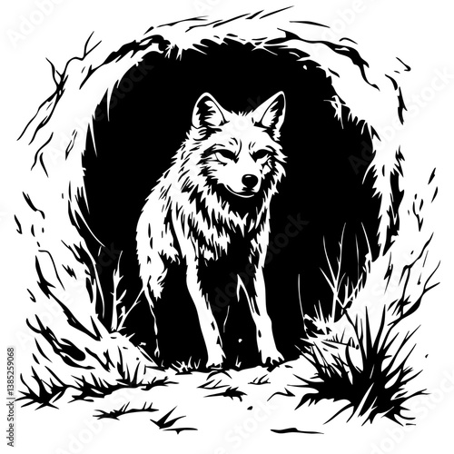 Wolf emerging from a den in a natural setting showcasing intricate vector design