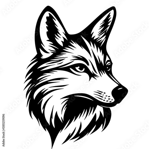Wolf head design featuring bold black lines and intricate fur details capturing a cunning expression, ideal for wildlife lovers and art enthusiasts