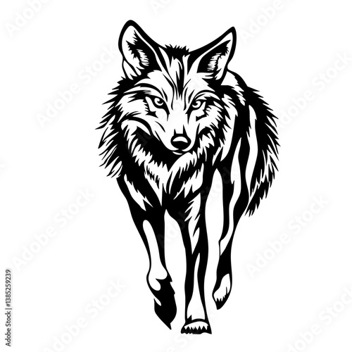 Stylized black vector design of a wolf walking, showcasing intricate fur details and a fierce expression, perfect for various artistic and branding purposes