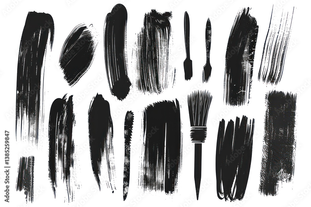 Set of Black Grunge Paint Brush Strokes Isolated on Transparent Background Set of Black Grunge Paint Brush Strokes Isolated on Transparent Background