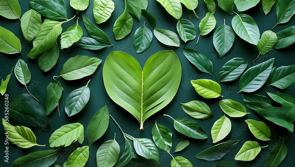 Fototapeta premium Heart shaped leaf among diverse green foliage