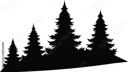 Evergreen Trees Silhouette Vector, Coniferous Forest, Pine Trees on White