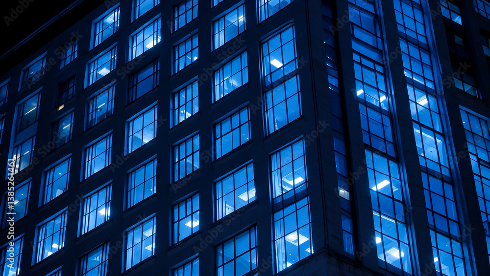 Illuminated office building at night with blue windows Illuminated office building at night with blue windows
