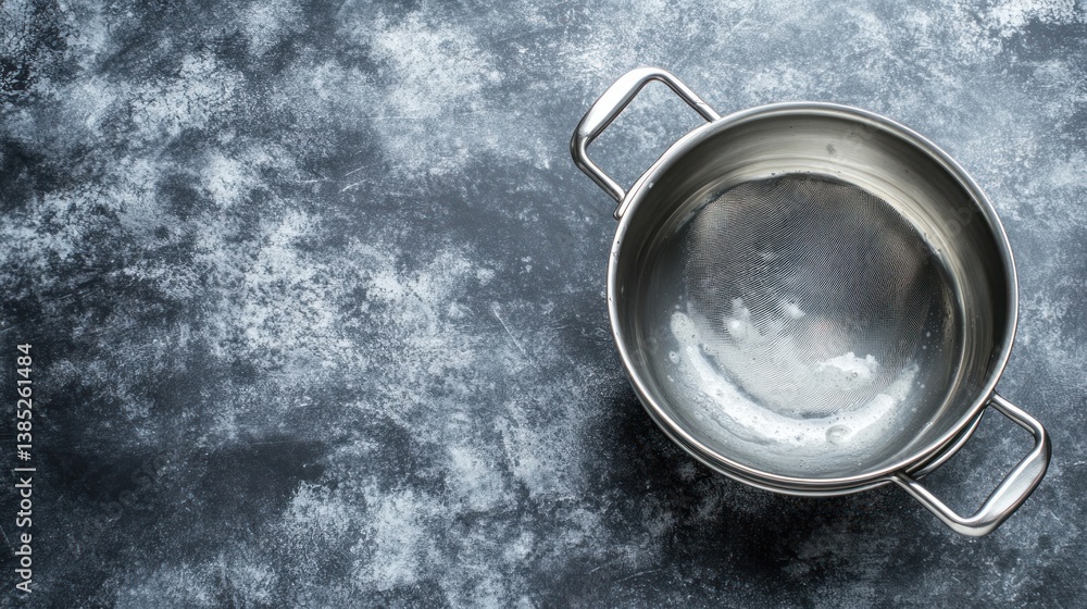 Metal cooking pot with water and strainer on textured dark background ideal for culinary and kitchen themed stock photos Metal cooking pot with water and strainer on textured dark background ideal for culinary and kitchen themed stock photos