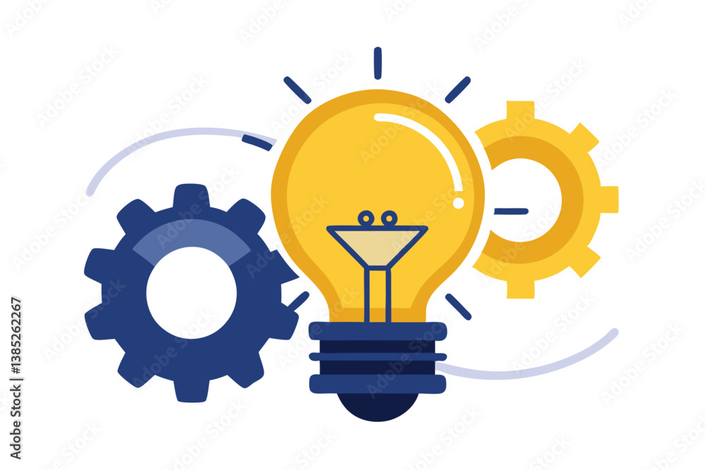 Flat Style Light Bulb Surrounded by Blue and Yellow Gear Icons on Transparent Background Flat Style Light Bulb Surrounded by Blue and Yellow Gear Icons on Transparent Background