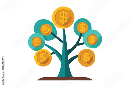Flat Style Coin Tree with Dollar Sign, Green Branches, Golden Coins on White