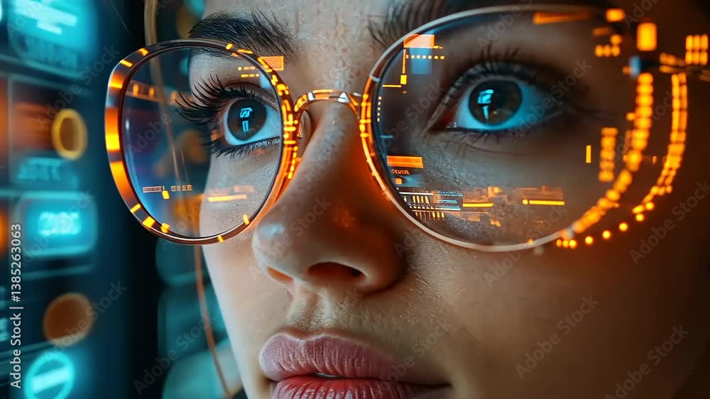Young woman with futuristic glasses observing data interface Young woman with futuristic glasses observing data interface