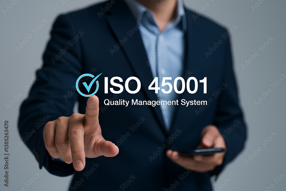 Man in navy suit pointing at ISO 45001 safety management system text with confidence. Man in navy suit pointing at ISO 45001 safety management system text with confidence.