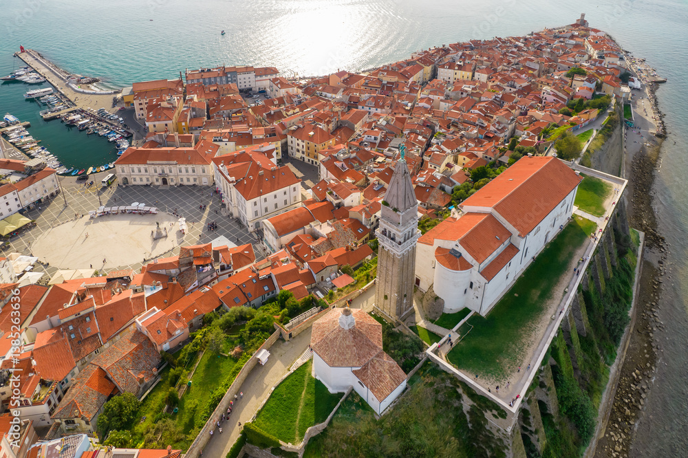 Aerial view of the Piran old town, Slovenia