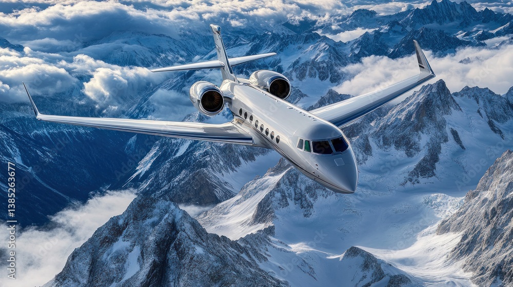 Fototapeta premium Private Jet Soaring Above Snowy Mountains