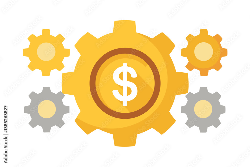 Golden Gears with Dollar Sign, Grey Cogs Flat Design on White Background Golden Gears with Dollar Sign, Grey Cogs Flat Design on White Background