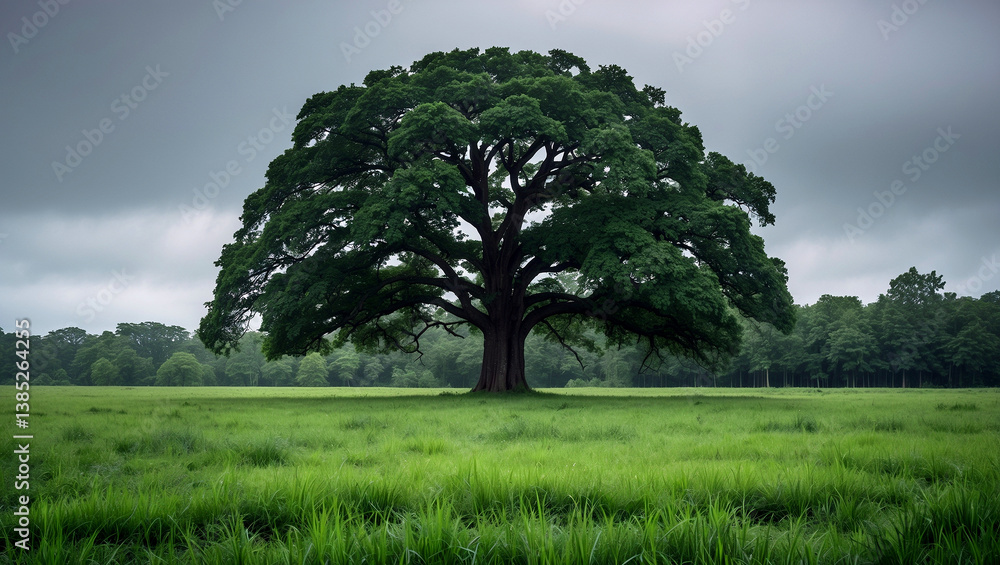 Obraz premium Lush green field under overcast sky with large tree
