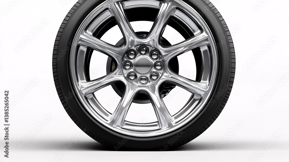 Shiny chrome rimmed car wheel on a white background Shiny chrome rimmed car wheel on a white background
