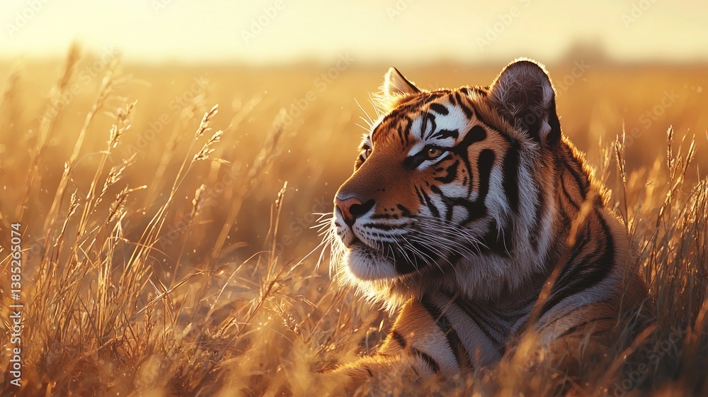 Naklejka premium Majestic tiger resting in golden sunset grassland.