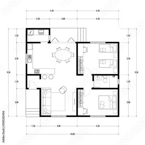 Floor plan blueprint type 96 sqm, Figure of the jotting sketch of the construction and the industrial skeleton of the structure and dimensions.