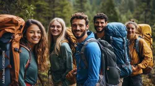 Group of friends on a hiking, camping trip in the mountains, Generative AI