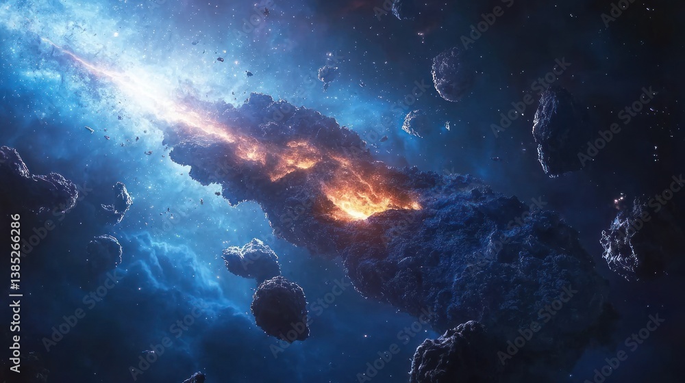 Fototapeta premium Fiery comet hurtling through space, surrounded by asteroids and nebula.