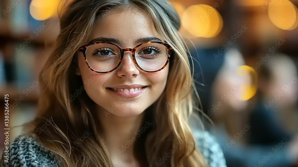 Young woman with glasses smiling in a cozy library Young woman with glasses smiling in a cozy library