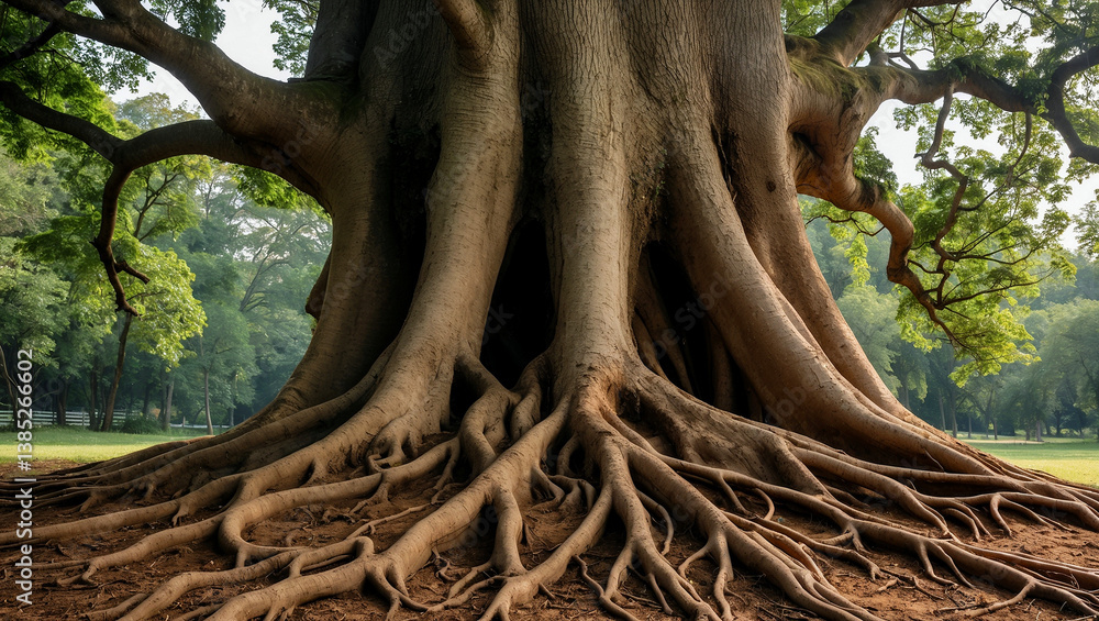 Fototapeta premium Majestic large tree with thick trunk and roots