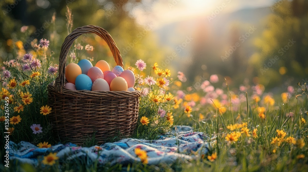 A rustic wooden basket filled with pastel-colored eggs placed on a picnic blanket in a sunny meadow with wildflowers in the background A rustic wooden basket filled with pastel-colored eggs placed on a picnic blanket in a sunny meadow with wildflowers in the background