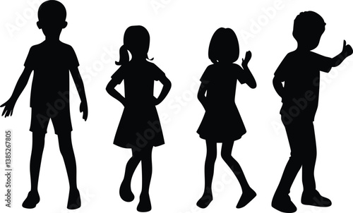 Kids Silhouette Two Girls and Two Boys Posing on Isolated Transparent Background