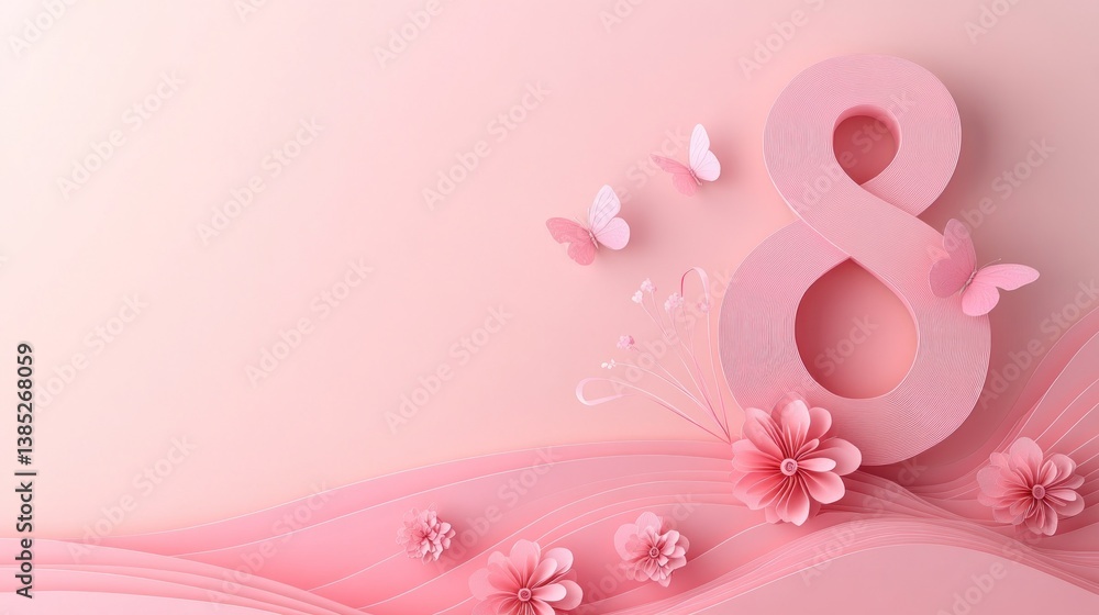 Pink 8th March design with butterflies and flowers Pink 8th March design with butterflies and flowers