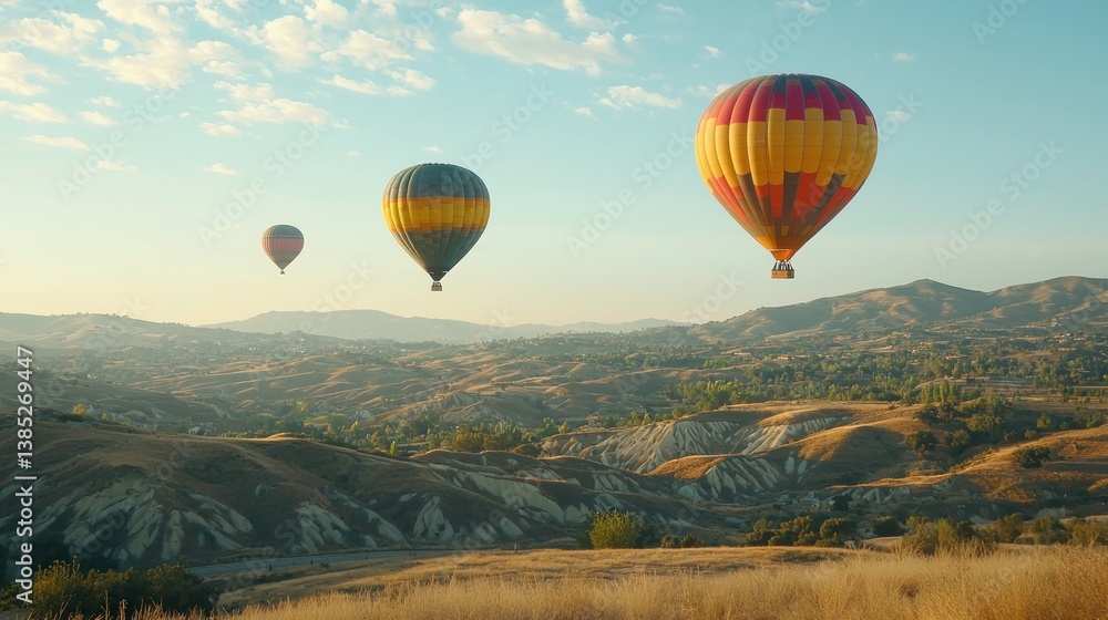 Fototapeta premium Three hot air balloons soar over scenic mountain landscape at sunrise.