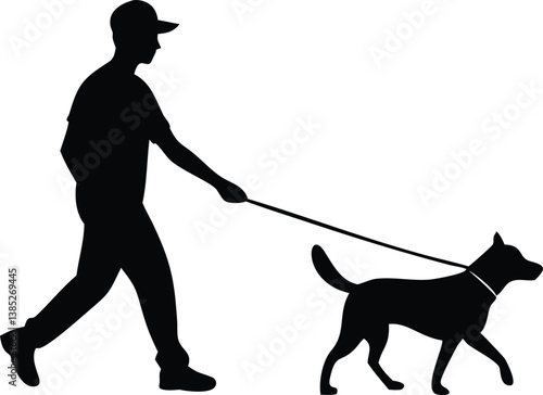 Man Silhouette Walking Dog with Leash Art on Transparent Background