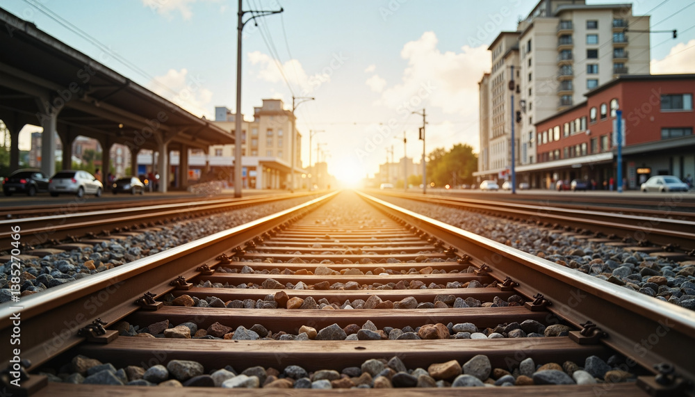 Fototapeta premium Train tracks converging at urban station, dynamic journey perspective