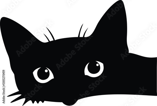 Minimalistic Black Cat Head Silhouette with Wide Eyes on Transparent Background