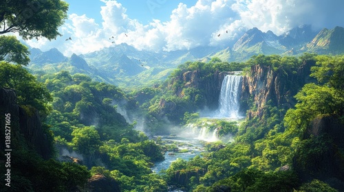 Lush tropical landscape featuring a majestic waterfall cascading through vibrant green foliage surrounded by towering mountains