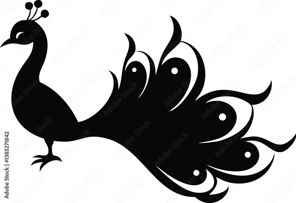 Fototapeta premium Peacock Silhouette Design Elegant Bird with Intricate Feather Detail on White