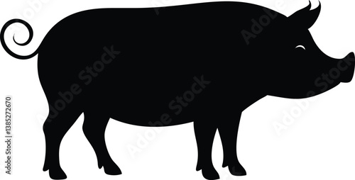 Pig Silhouette Side View, Curly Tail, Hooves, Farm Animal, Isolated on White