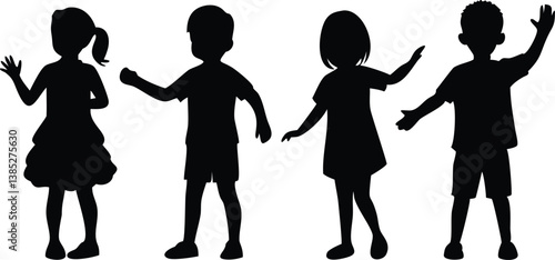 Silhouette Kids Illustration, Standing Children Waving on Transparent Background