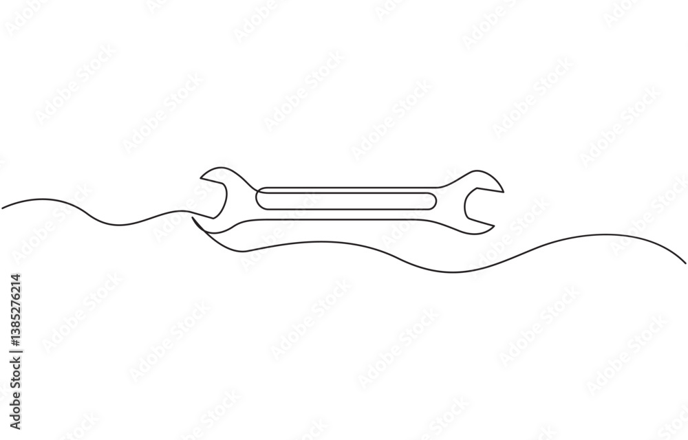 Obraz premium One mechanical wrench for nuts drawn in one continuous line drawing, Mechanical wrench continuous one line drawing. Labor day wrench tools continuous one line drawing.