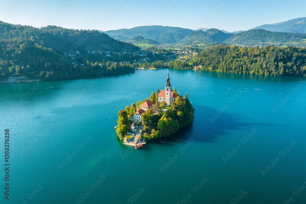 Bled lake in Slovenia. Aerial view of the famous island with a historic Church